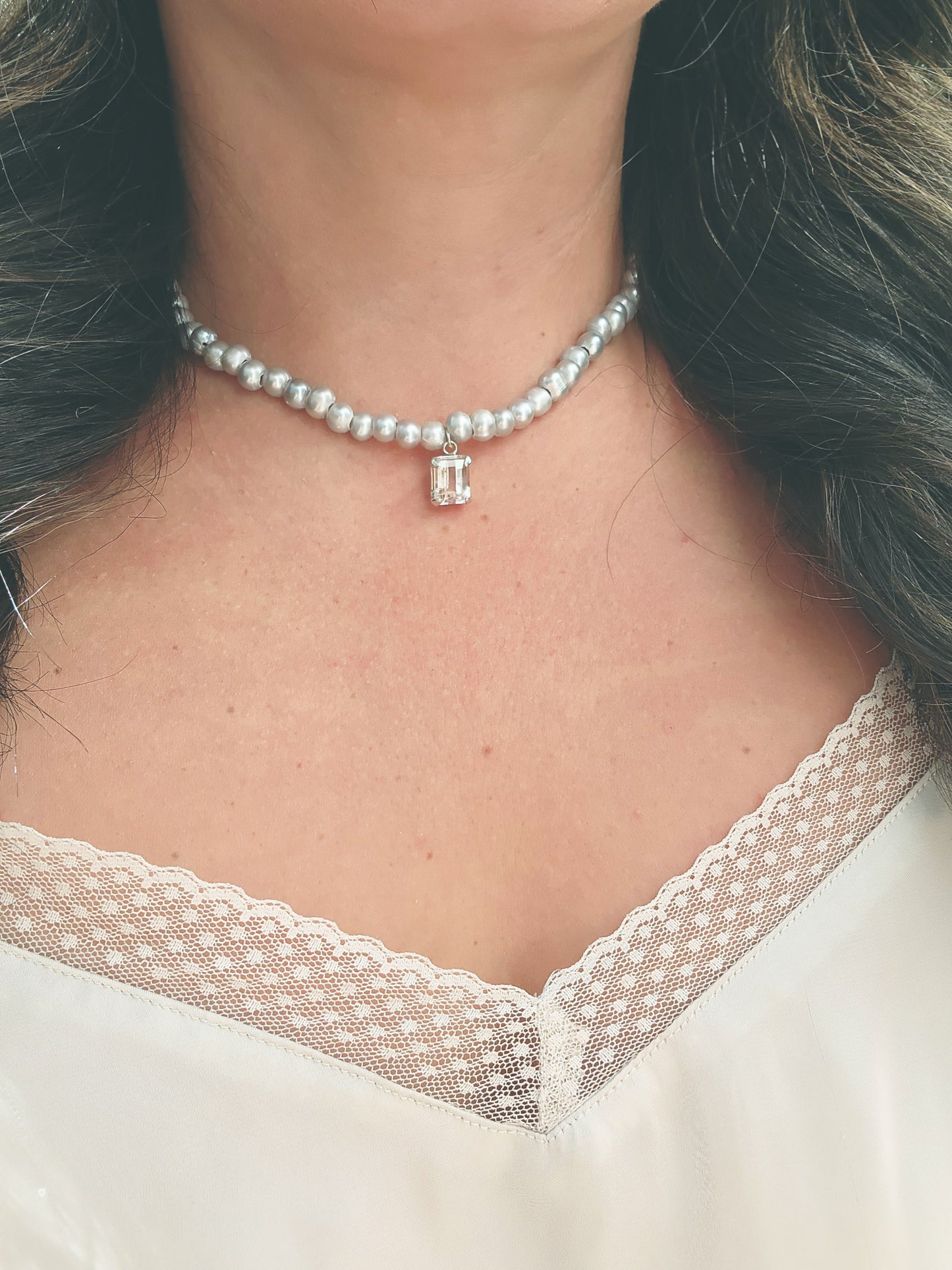 Emerald Cut Citrine and Pearl Beaded Necklace
