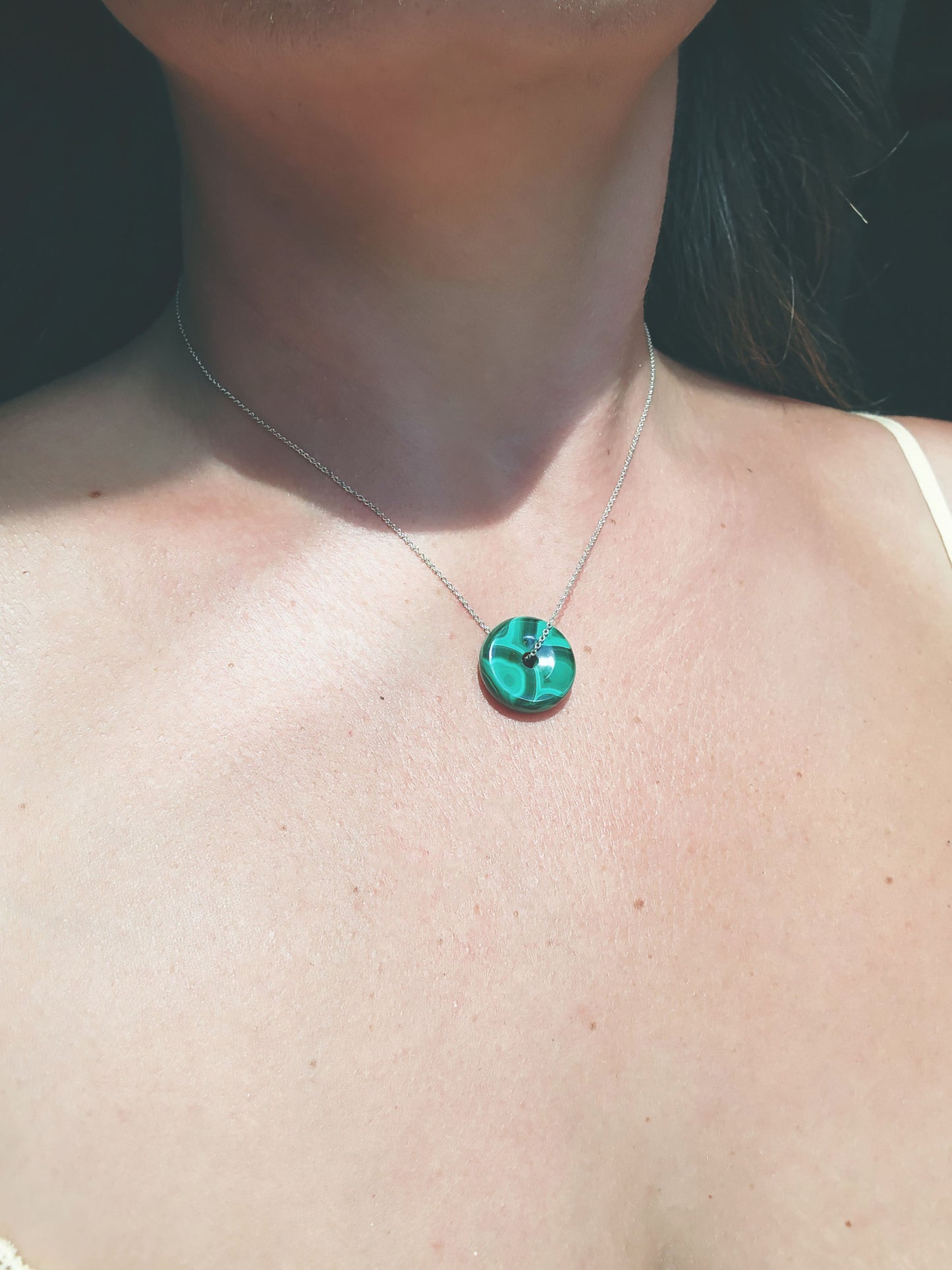 Malachite Donut Necklace With Sterling Silver Chain