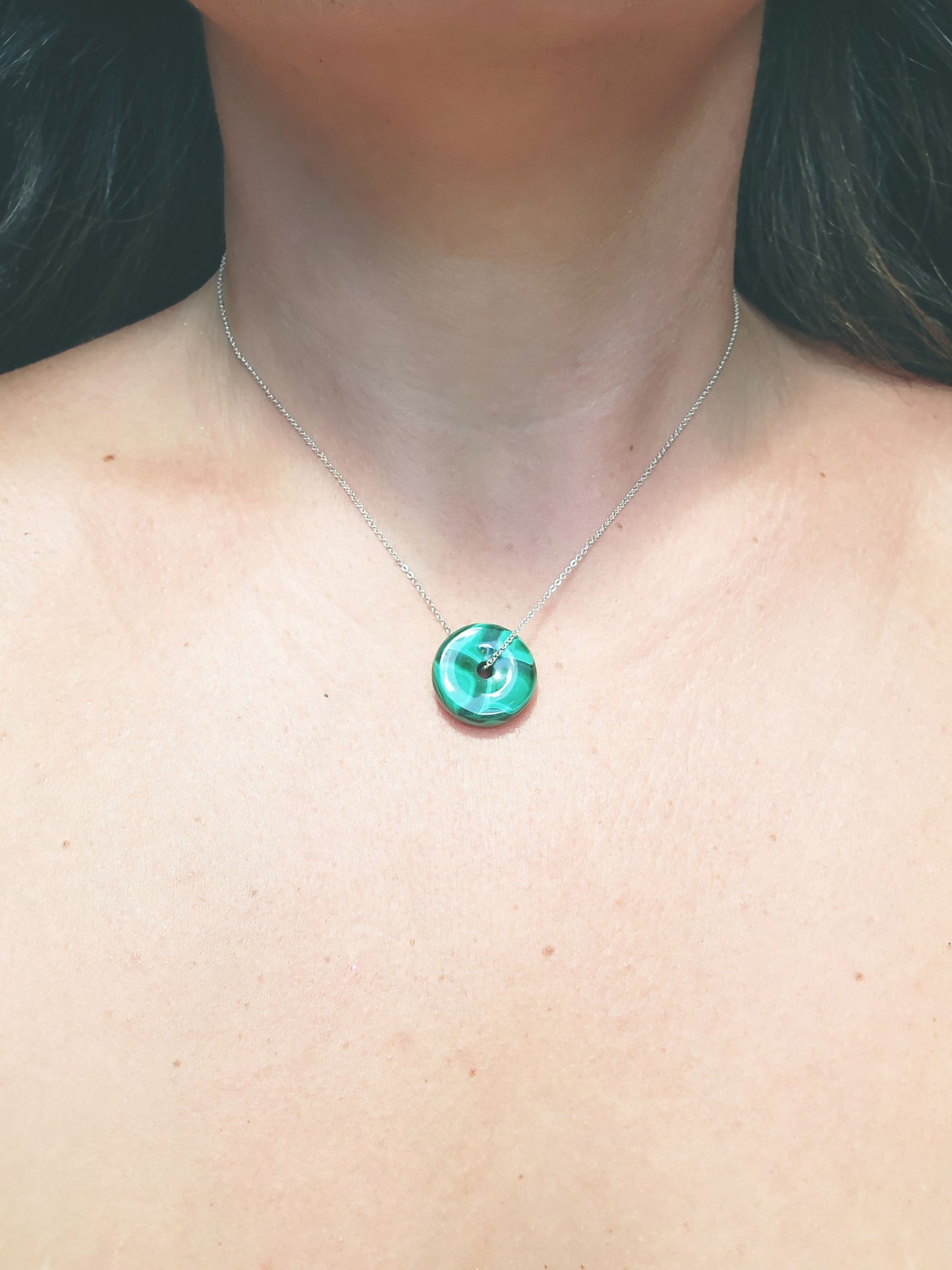 Malachite Donut Necklace With Sterling Silver Chain