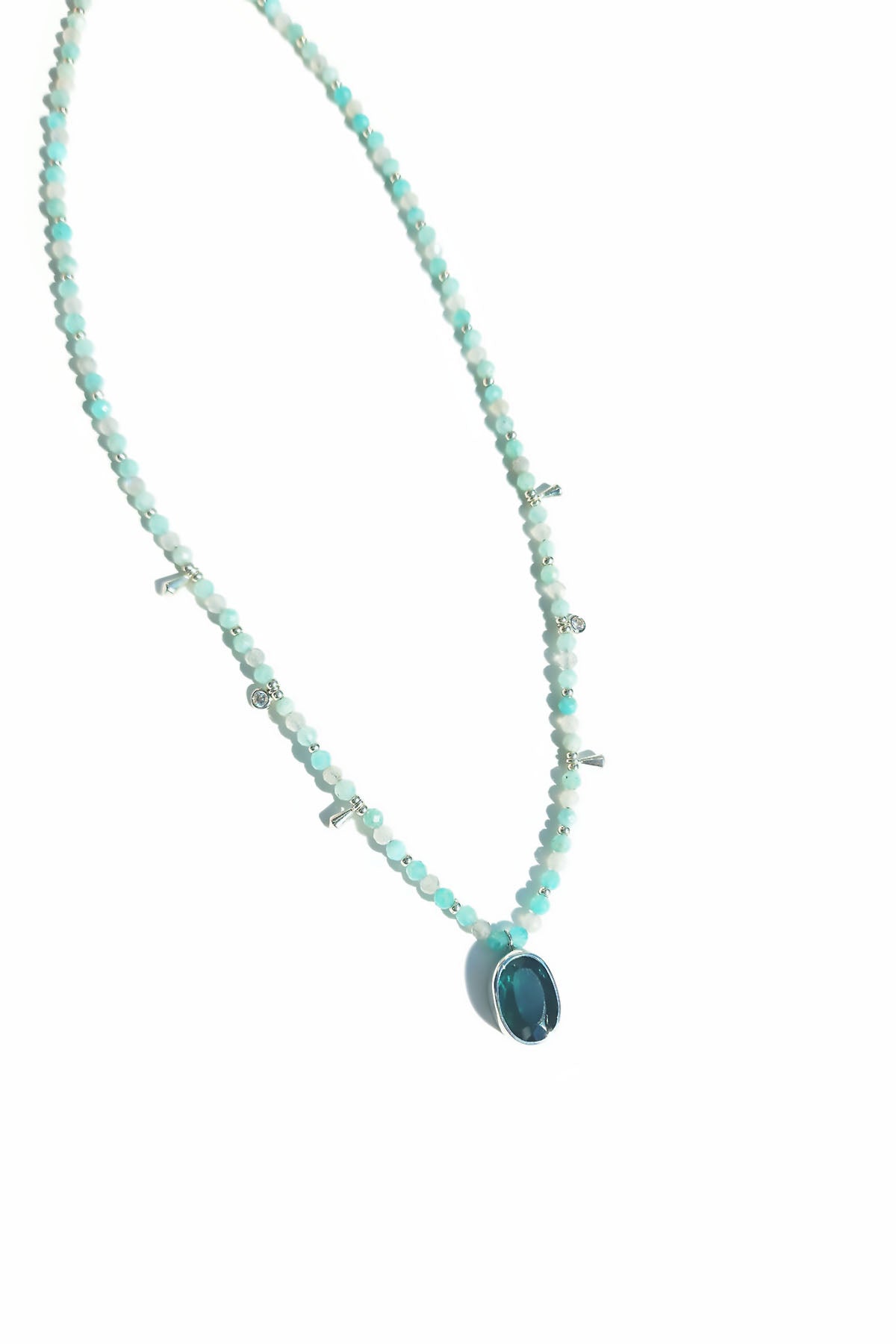 Oval Cut Blue Tourmaline with Amazonite & Labradorite Beaded Necklace
