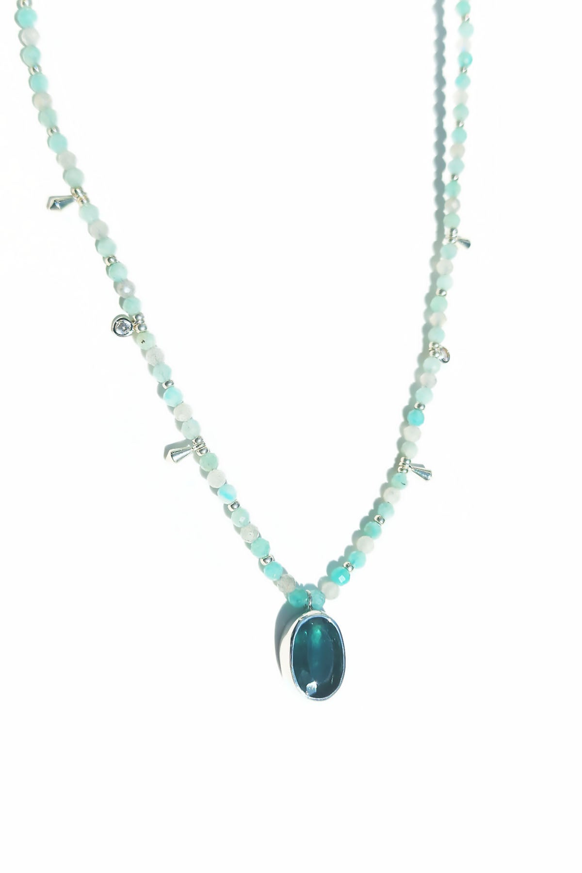 Oval Cut Blue Tourmaline with Amazonite & Labradorite Beaded Necklace