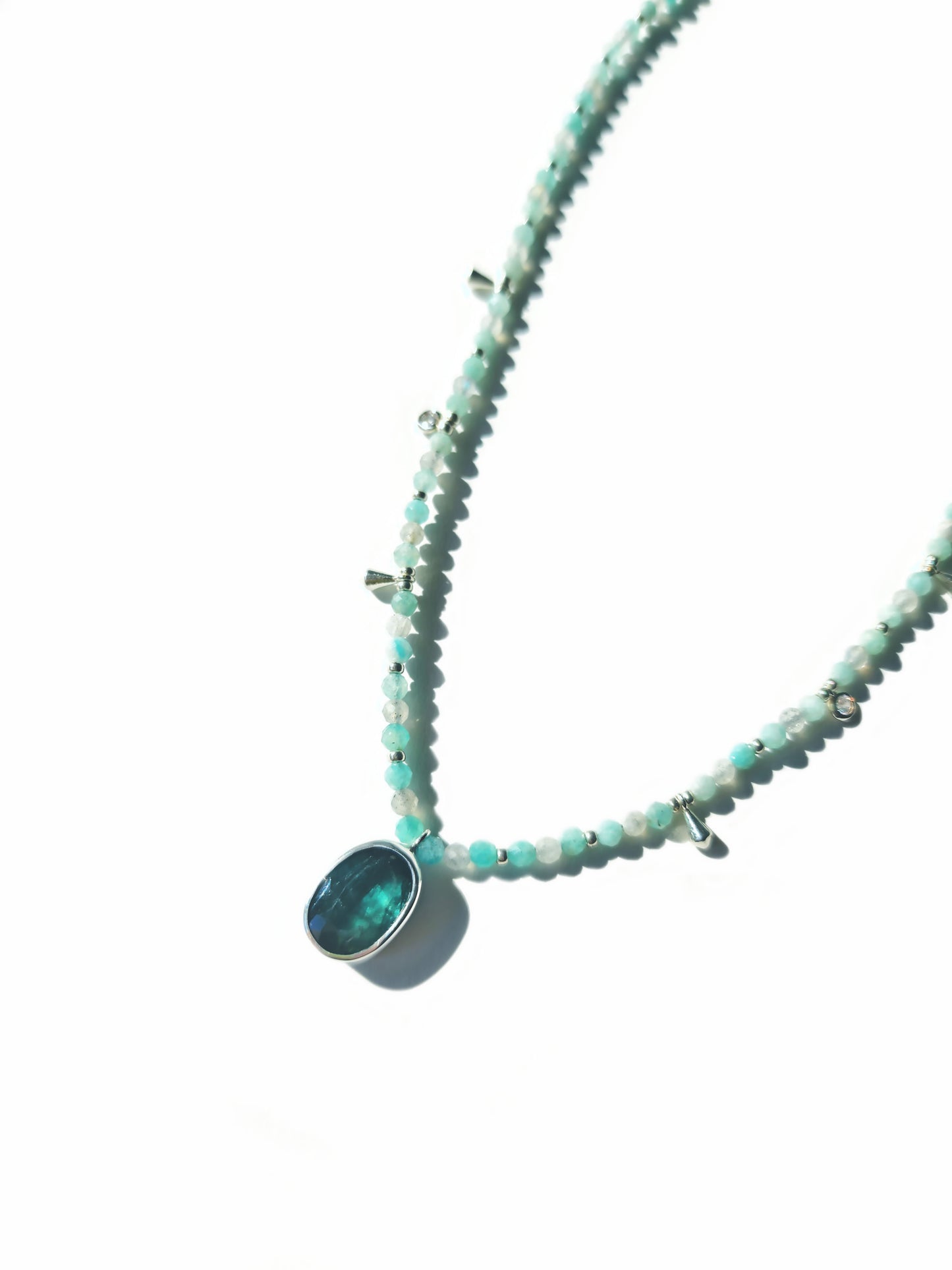 Oval Cut Blue Tourmaline with Amazonite & Labradorite Beaded Necklace