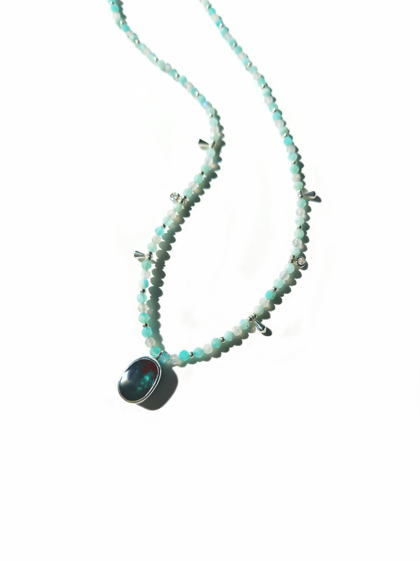 Oval Cut Blue Tourmaline with Amazonite & Labradorite Beaded Necklace