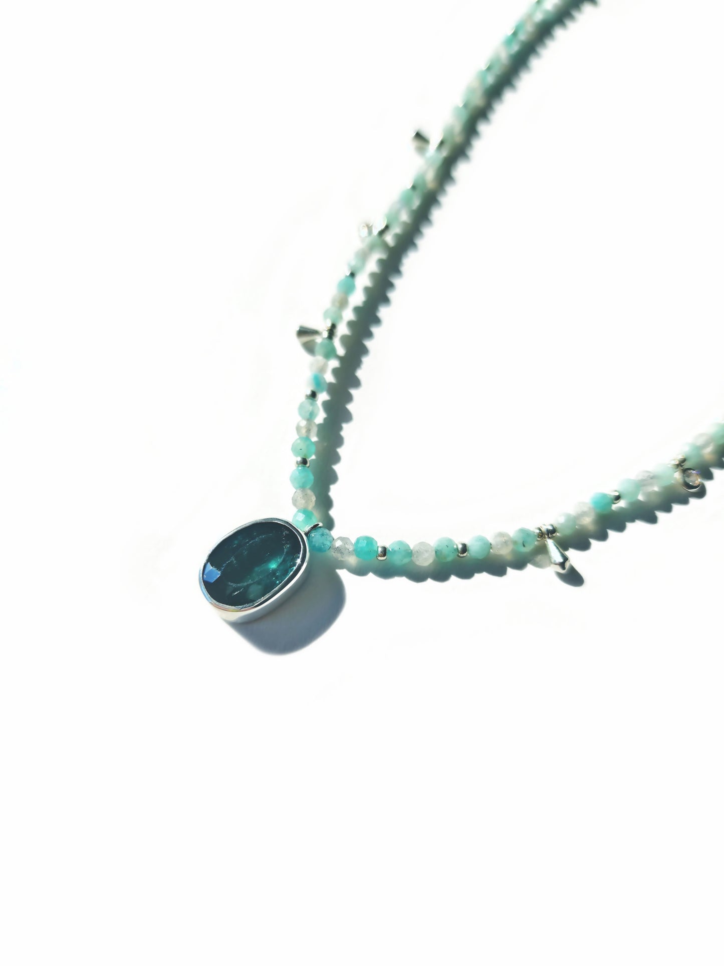 Oval Cut Blue Tourmaline with Amazonite & Labradorite Beaded Necklace