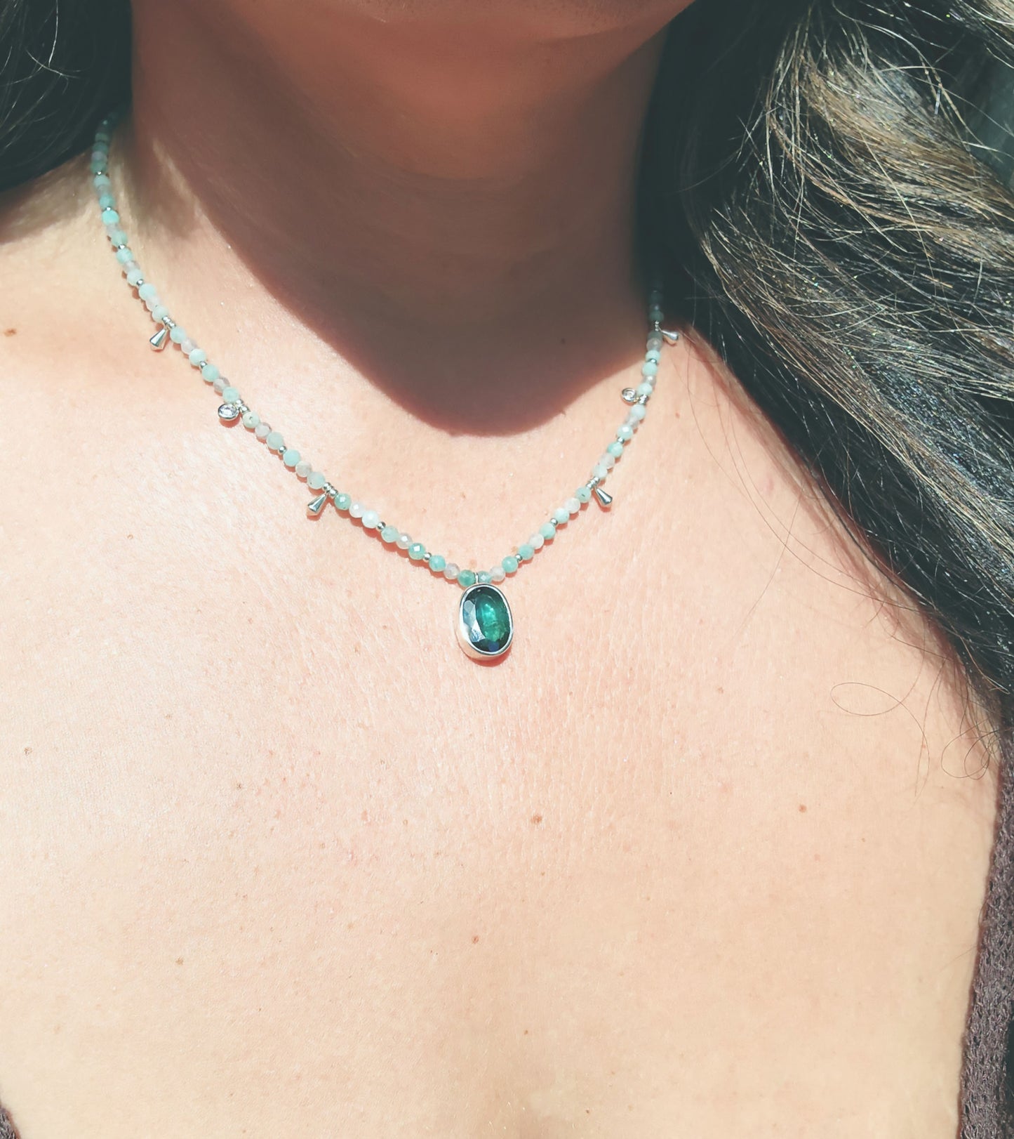 Oval Cut Blue Tourmaline with Amazonite & Labradorite Beaded Necklace