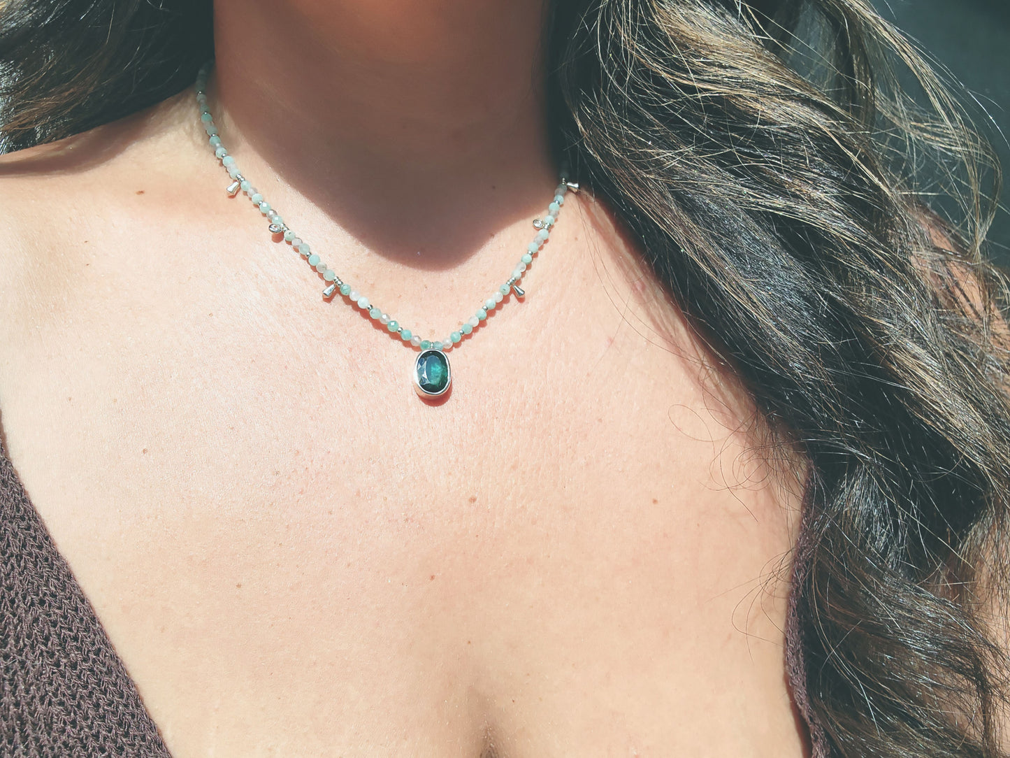 Oval Cut Blue Tourmaline with Amazonite & Labradorite Beaded Necklace