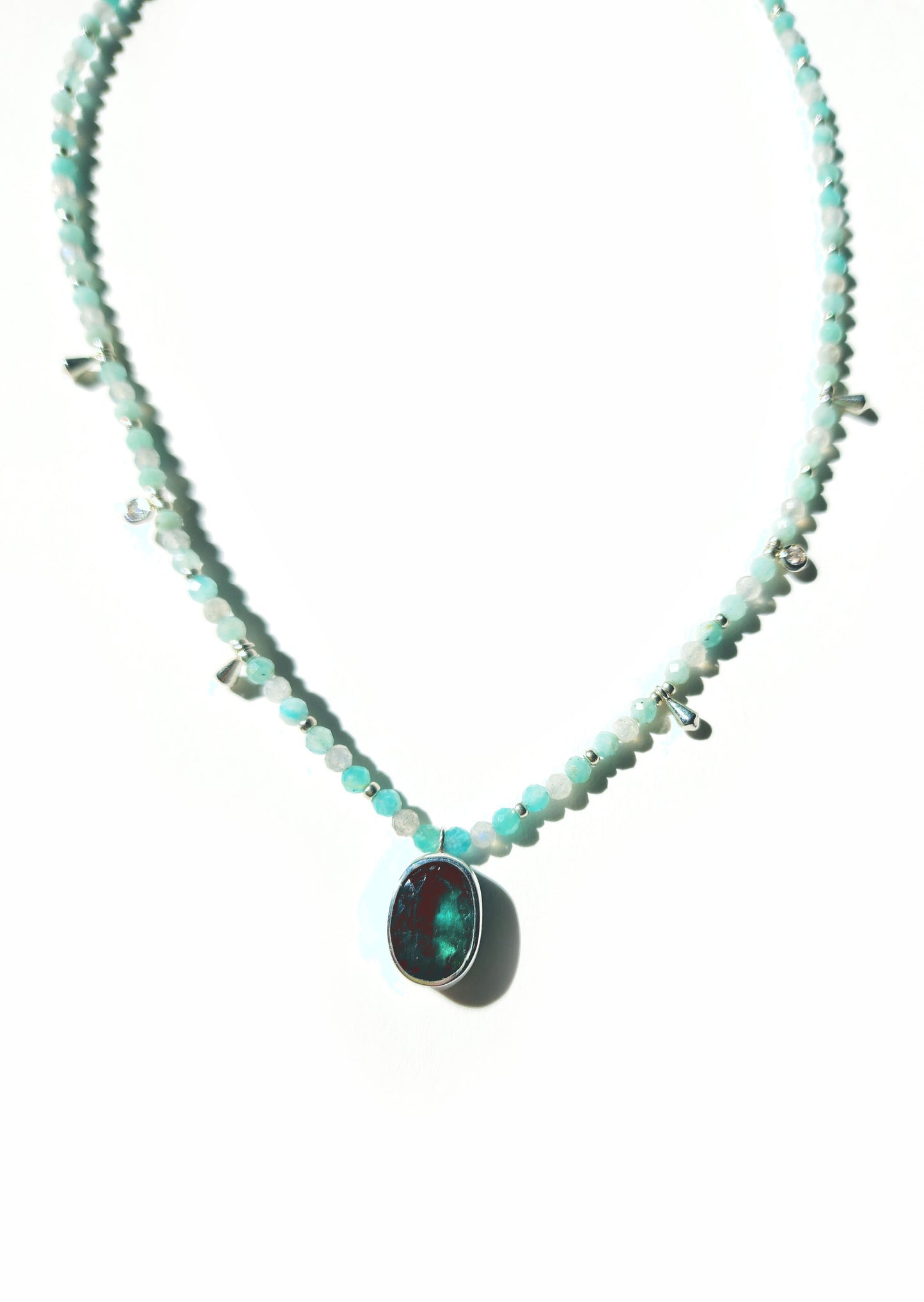 Oval Cut Blue Tourmaline with Amazonite & Labradorite Beaded Necklace