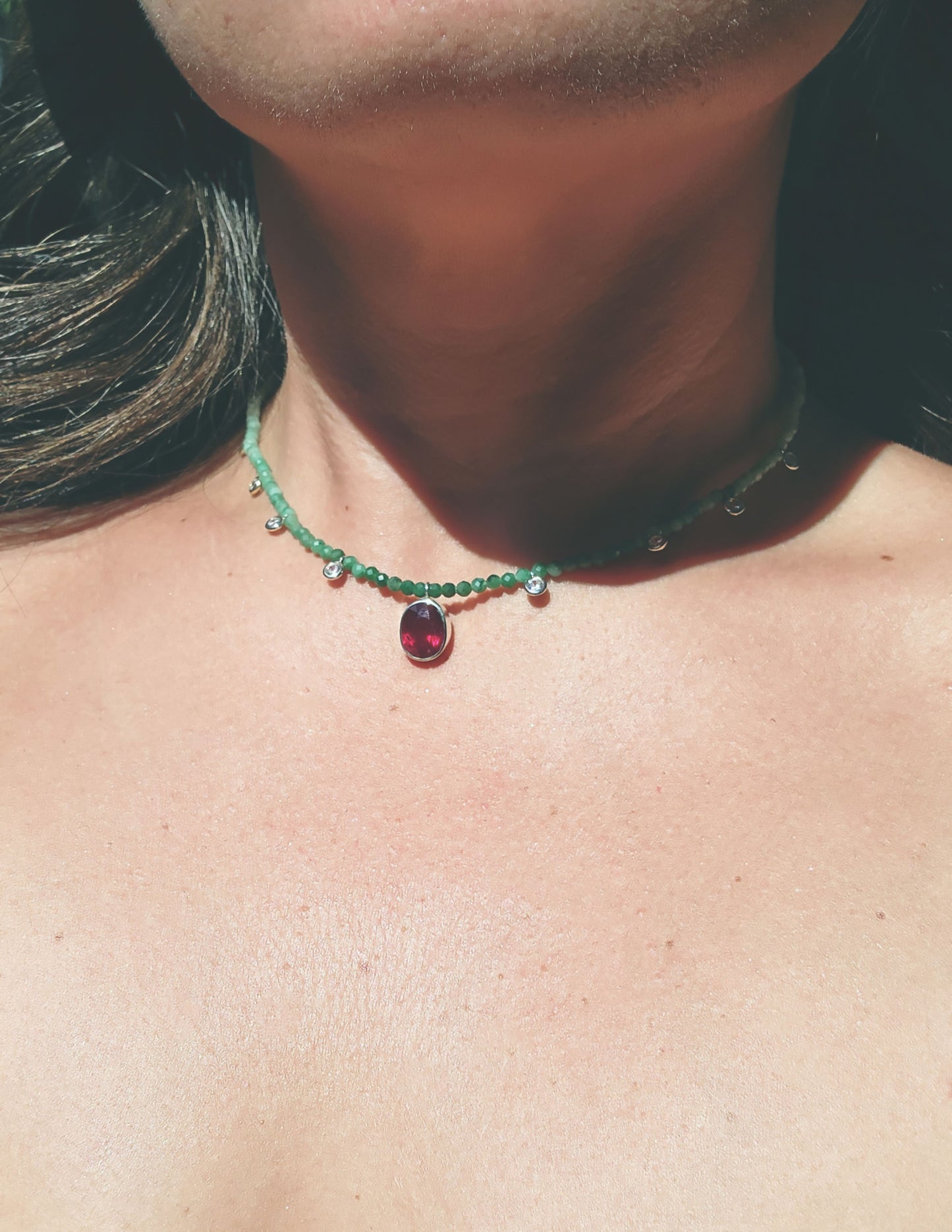 Oval Cut Ruby and Emerald Beaded Necklace