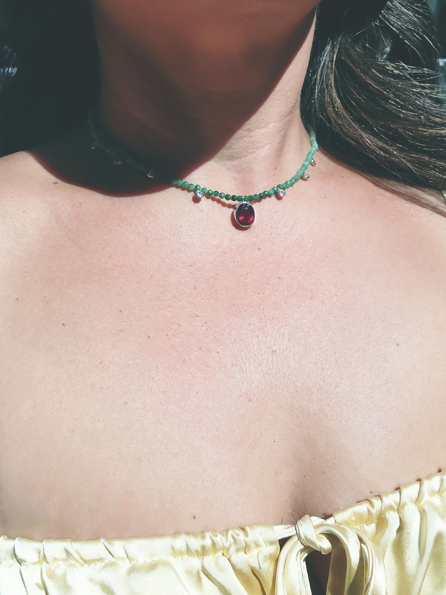 Oval Cut Ruby and Emerald Beaded Necklace