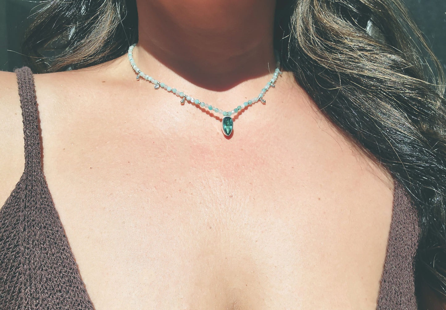 Pear Cut Blue Tourmaline with Amazonite & Labradorite Beaded Necklace