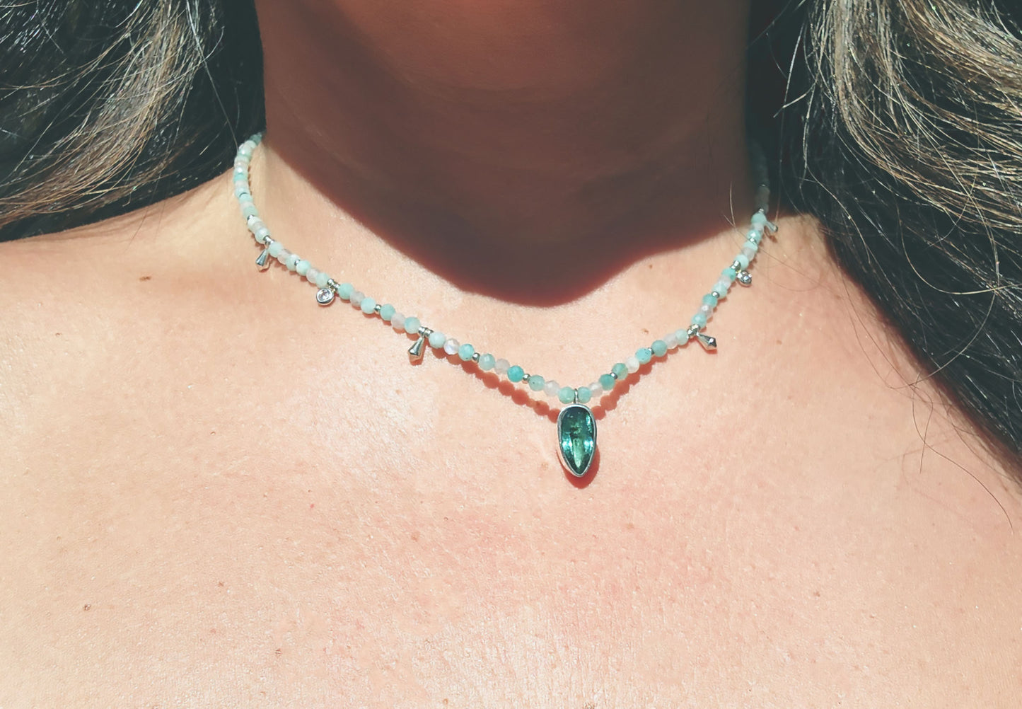 Pear Cut Blue Tourmaline with Amazonite & Labradorite Beaded Necklace