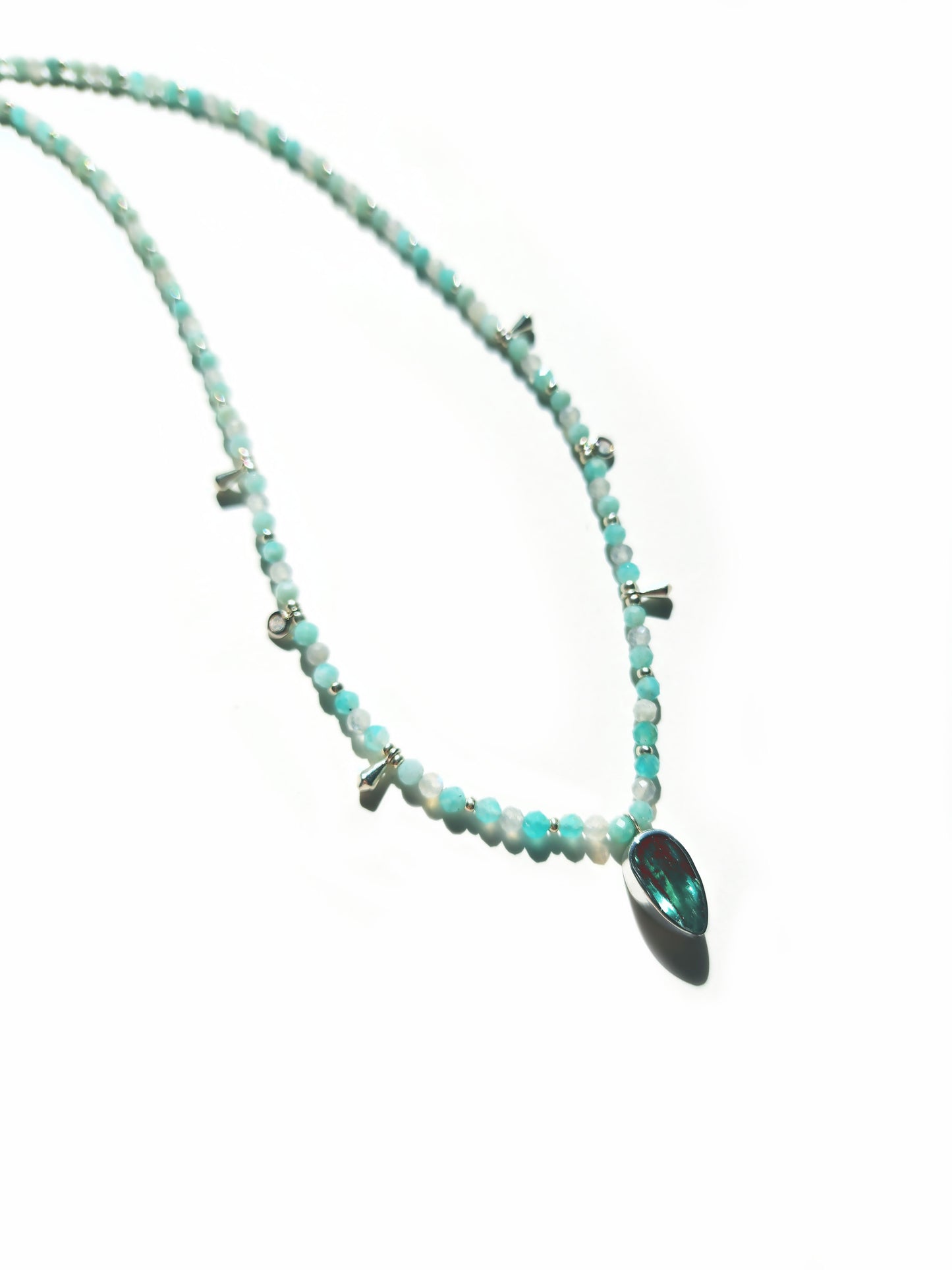 Pear Cut Blue Tourmaline with Amazonite & Labradorite Beaded Necklace