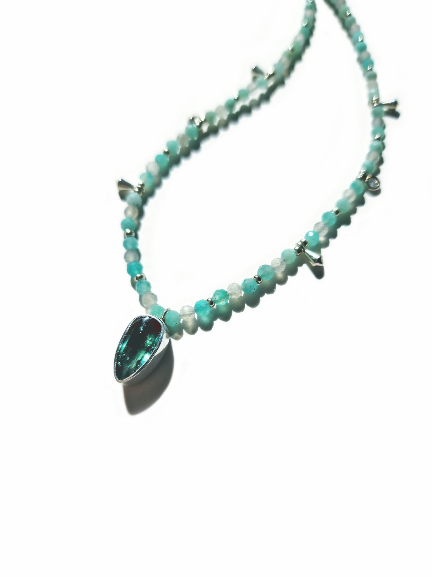 Pear Cut Blue Tourmaline with Amazonite & Labradorite Beaded Necklace