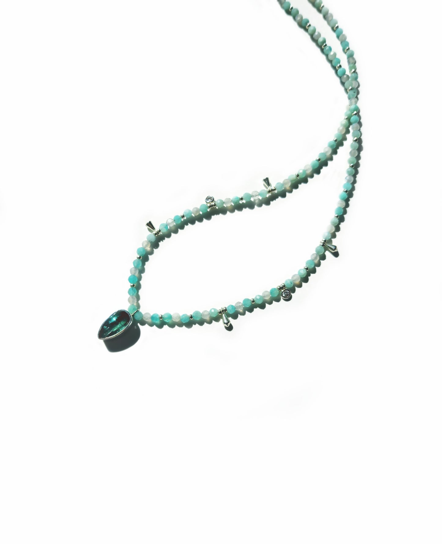 Pear Cut Blue Tourmaline with Amazonite & Labradorite Beaded Necklace