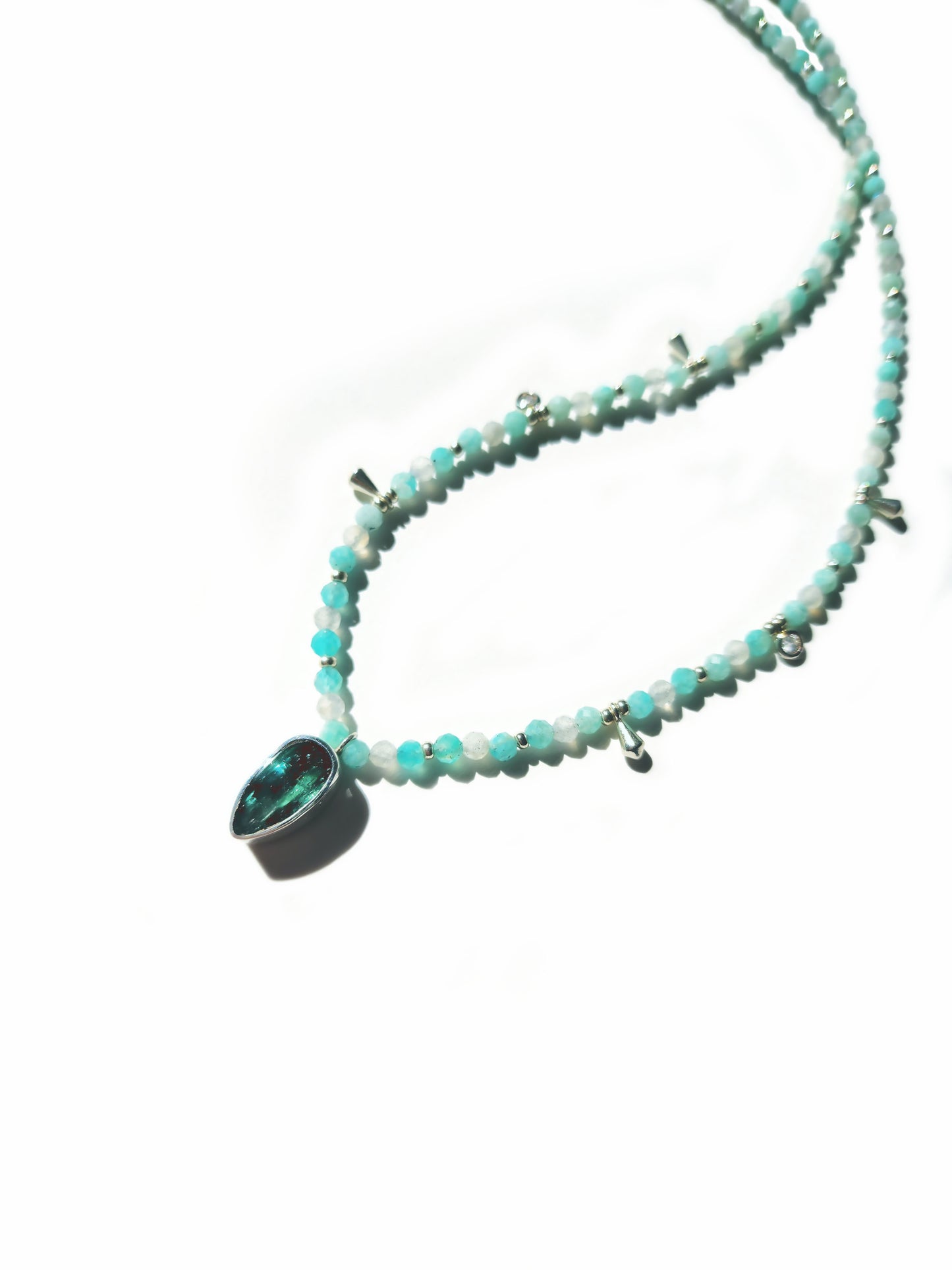 Pear Cut Blue Tourmaline with Amazonite & Labradorite Beaded Necklace