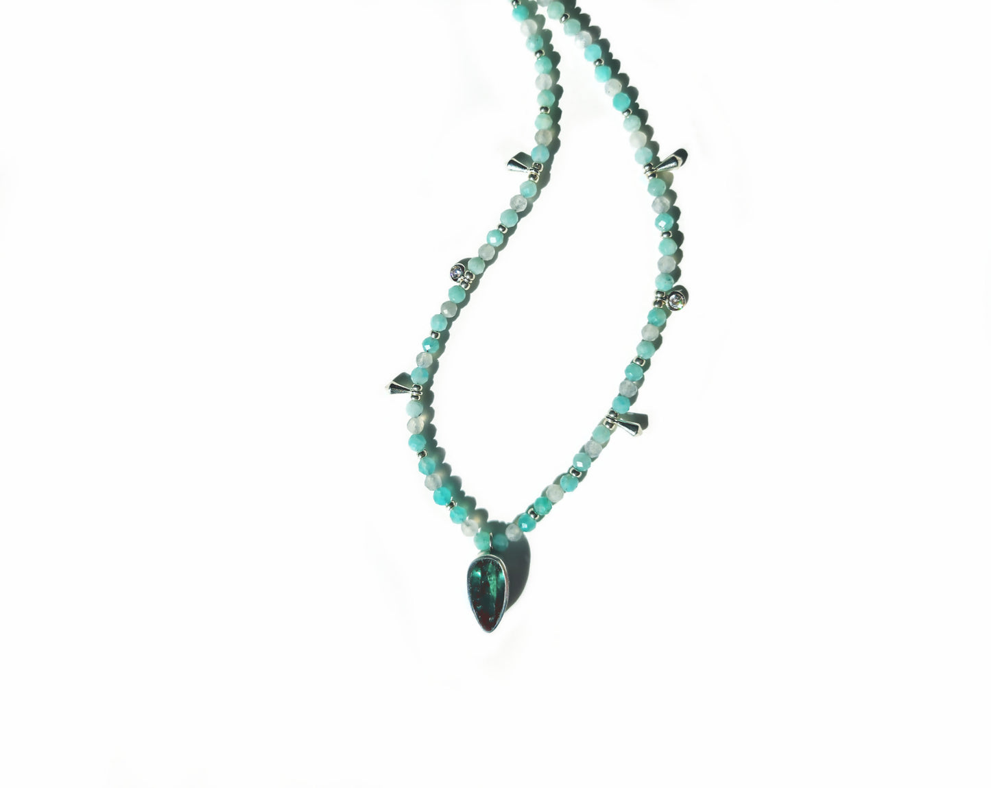 Pear Cut Blue Tourmaline with Amazonite & Labradorite Beaded Necklace