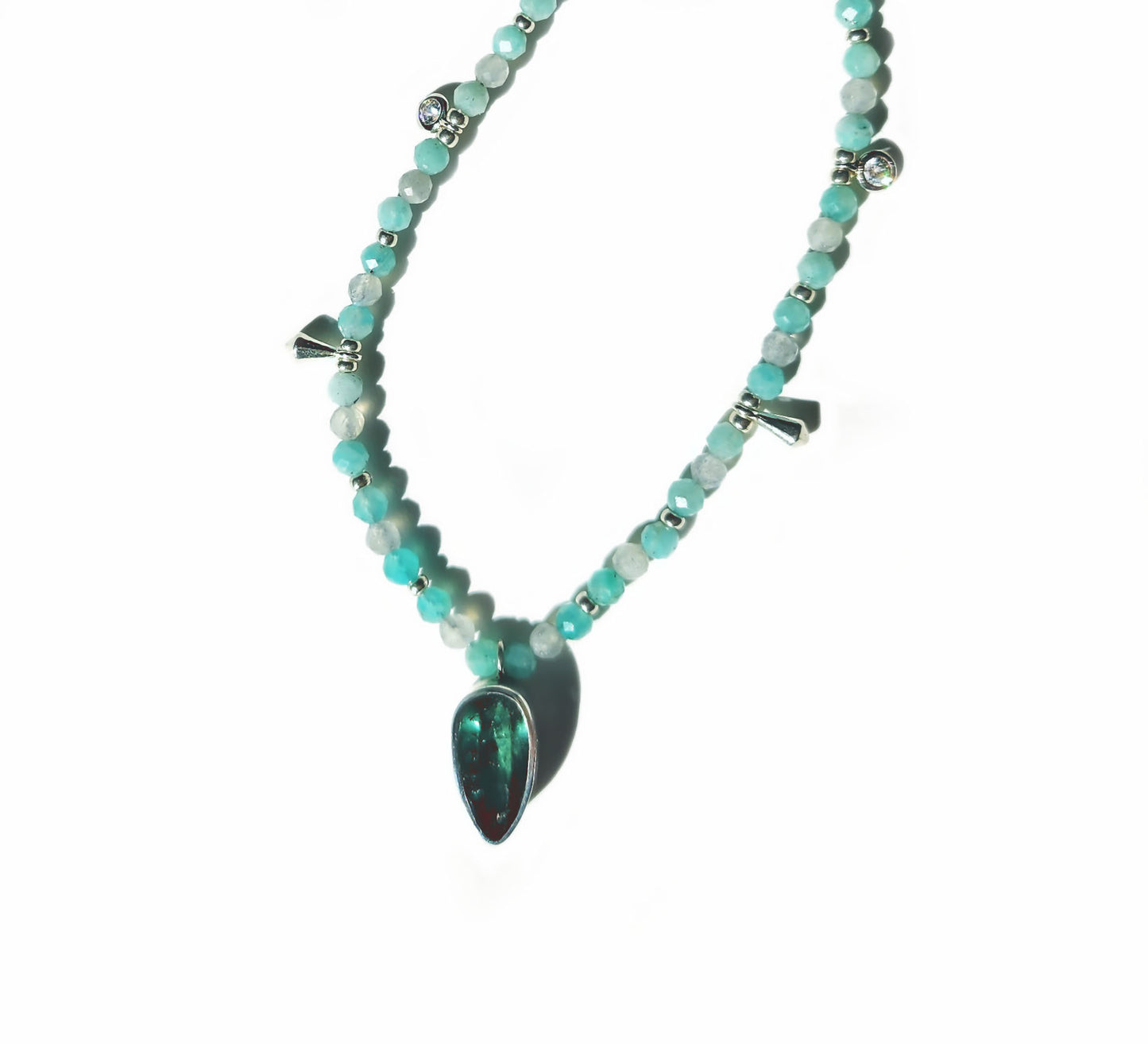 Pear Cut Blue Tourmaline with Amazonite & Labradorite Beaded Necklace