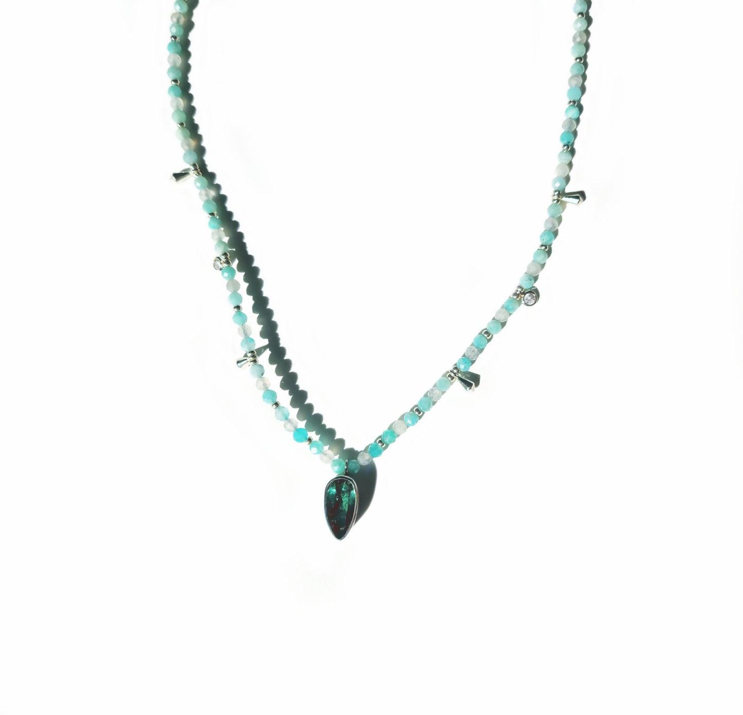 Pear Cut Blue Tourmaline with Amazonite & Labradorite Beaded Necklace