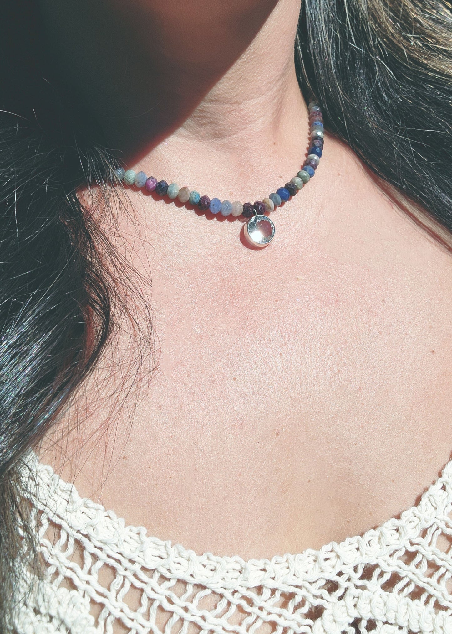 Round Cut Citrine and Sapphire Beaded Necklace