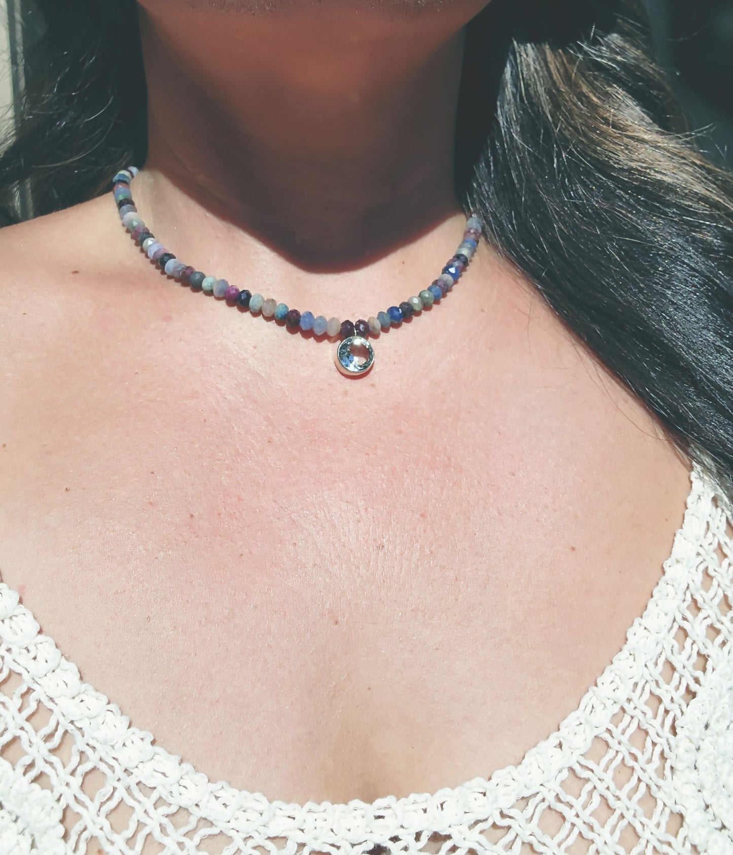 Round Cut Citrine and Sapphire Beaded Necklace