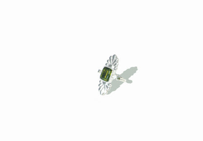 Faceted Emerald Cut Green Tourmaline & Diamond Silver Flower Ring