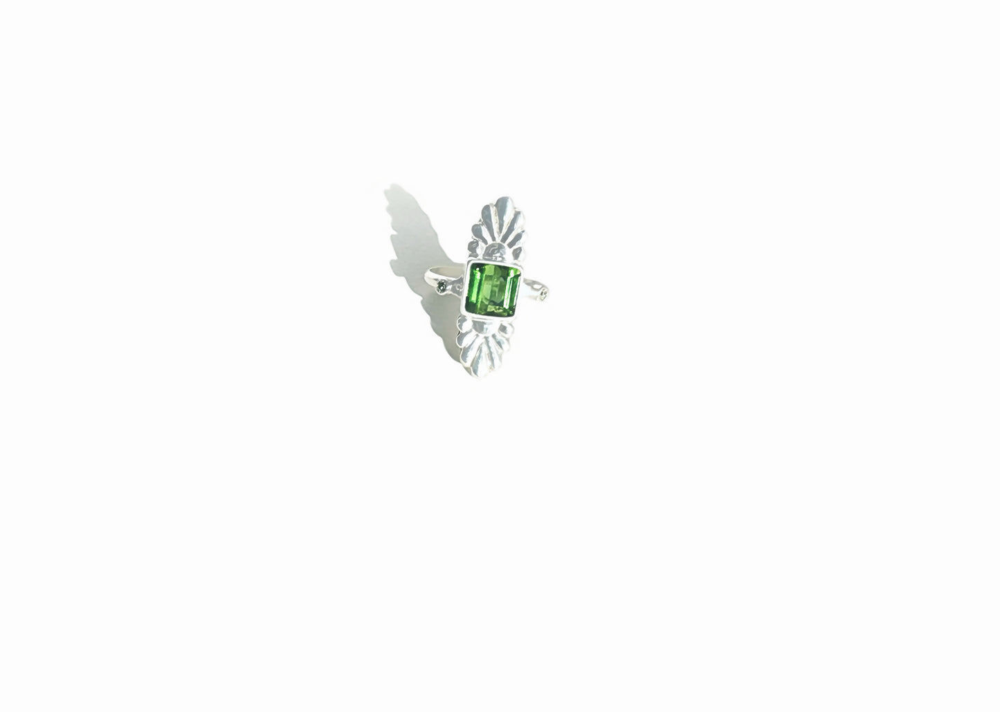 Faceted Square Cut Green Tourmaline & Diamond Silver Flower Ring