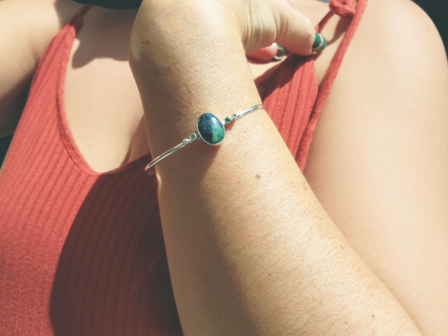 Chrysocolla, Emerald & Diamond Cuff Bracelet