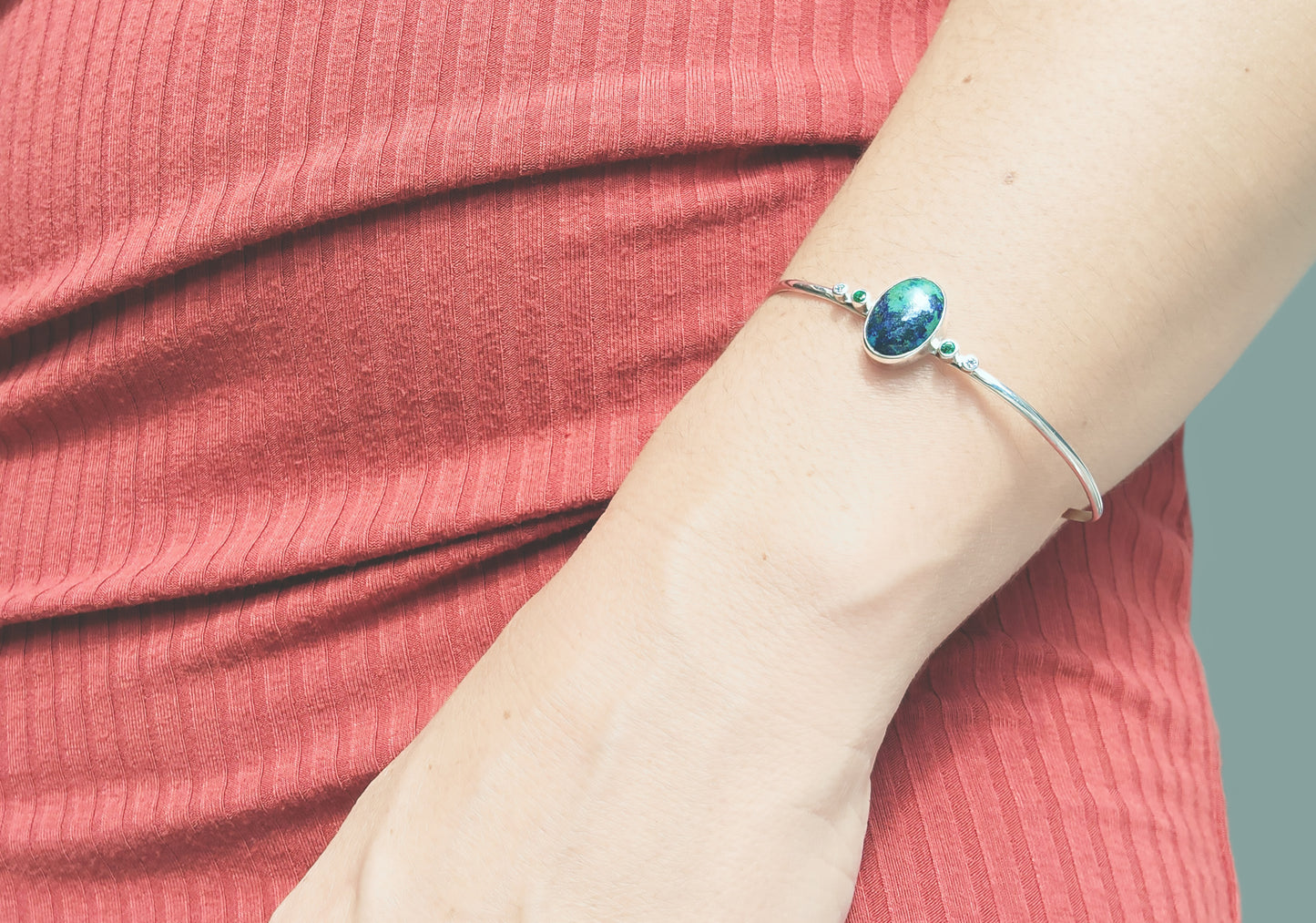 Chrysocolla, Emerald & Diamond Cuff Bracelet