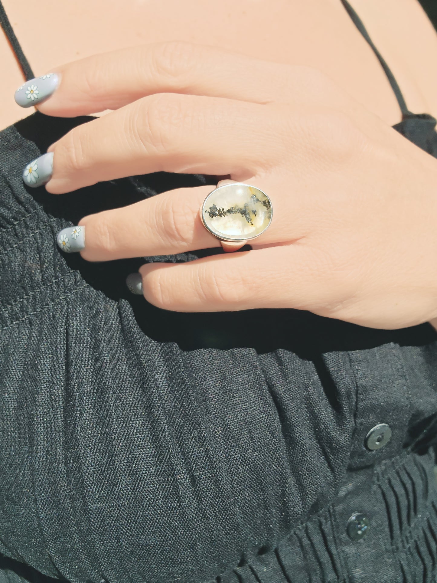 Oval Cut Dendritic Quartz Ring in Sterling Silver