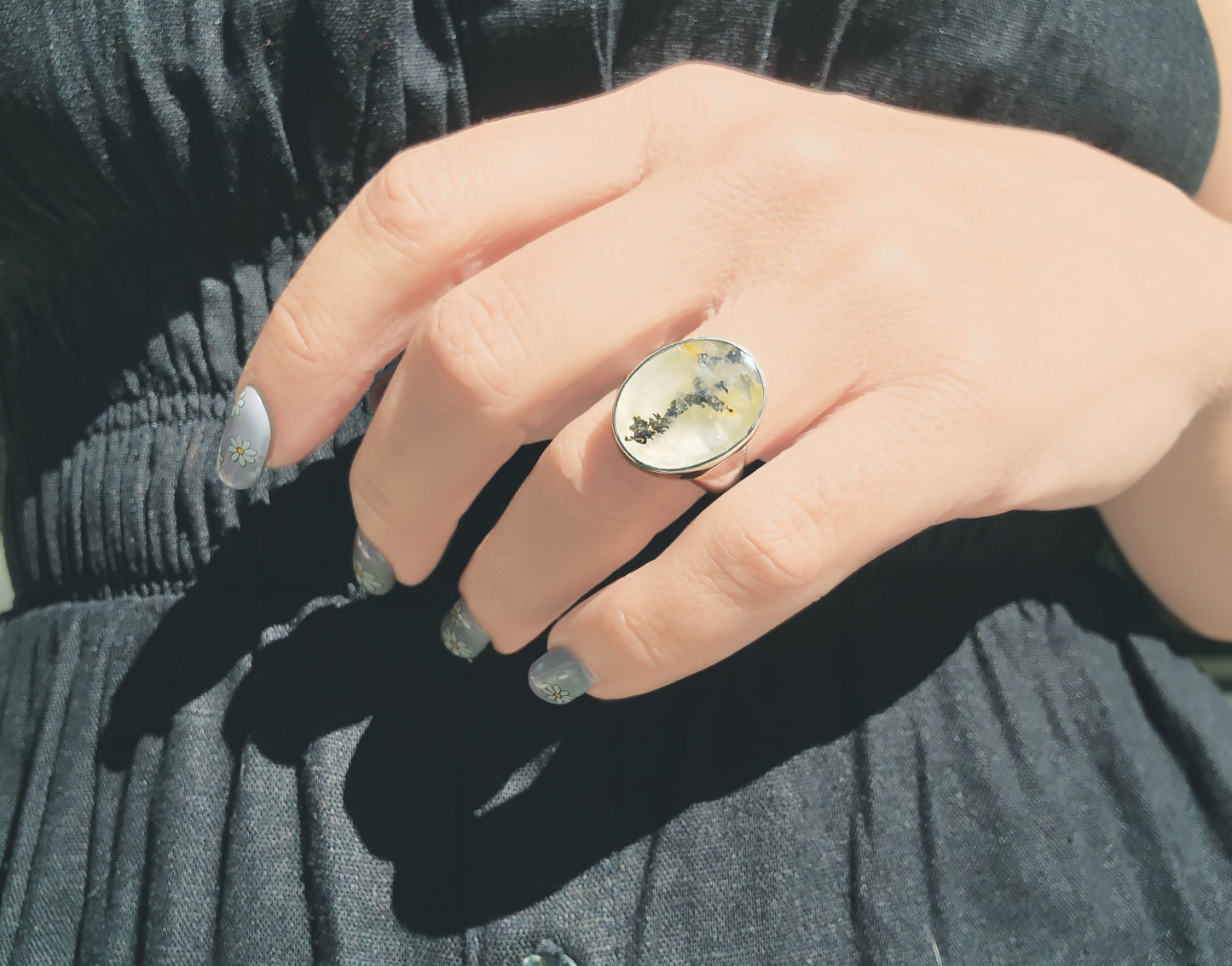 Oval Cut Dendritic Quartz Ring in Sterling Silver