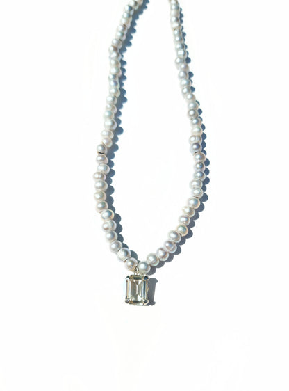 Emerald Cut Citrine and Pearl Beaded Necklace