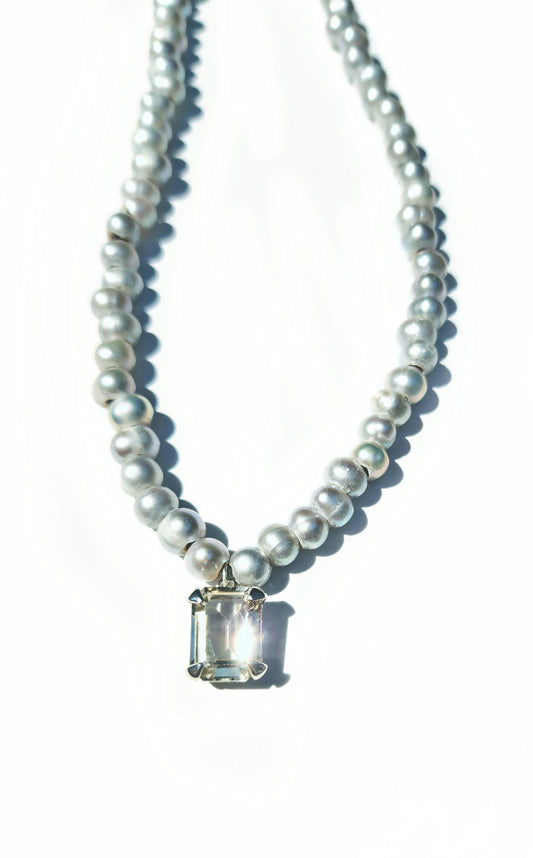 Emerald Cut Citrine and Pearl Beaded Necklace