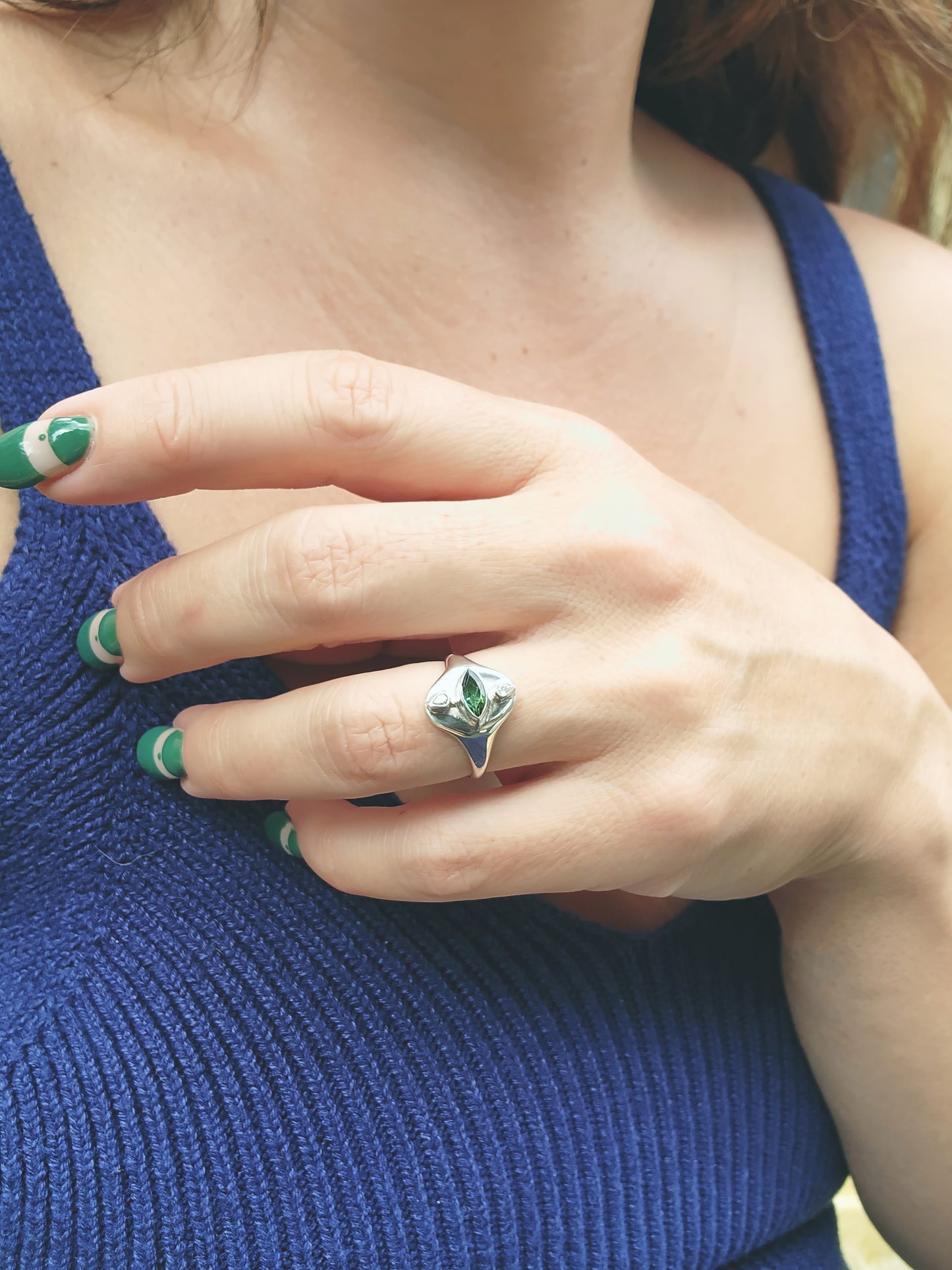 Marquise Green Tourmaline & Pear Cut Diamond Signet Ring