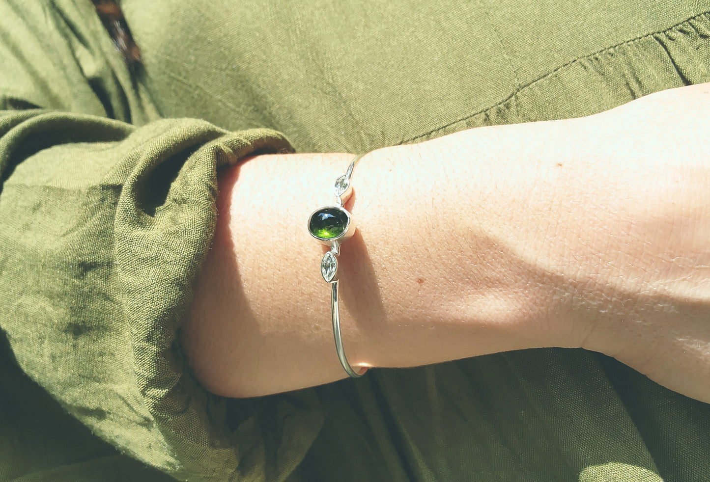 Green Tourmaline & White Zircon Cuff Bracelet