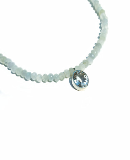 Oval Cut Aquamarine Pendant with Aquamarine Beaded Necklace