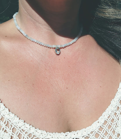 Oval Cut Aquamarine Pendant with Aquamarine Beaded Necklace