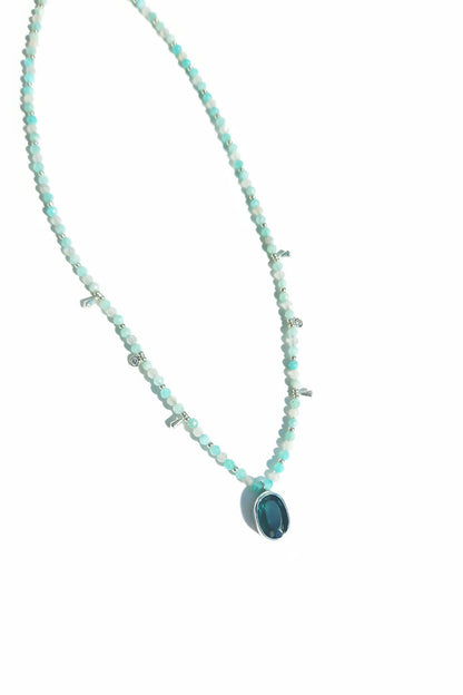 Oval Cut Blue Tourmaline with Amazonite & Labradorite Beaded Necklace