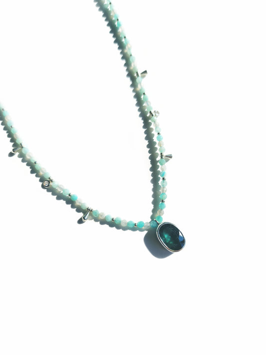 Oval Cut Blue Tourmaline with Amazonite & Labradorite Beaded Necklace