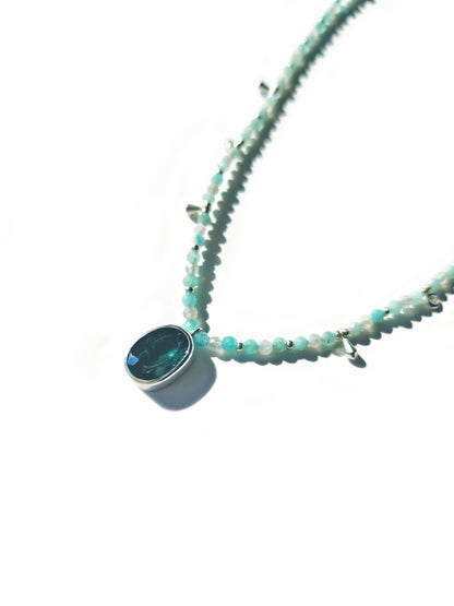 Oval Cut Blue Tourmaline with Amazonite & Labradorite Beaded Necklace