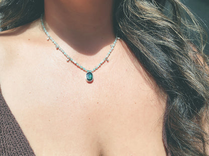 Oval Cut Blue Tourmaline with Amazonite & Labradorite Beaded Necklace