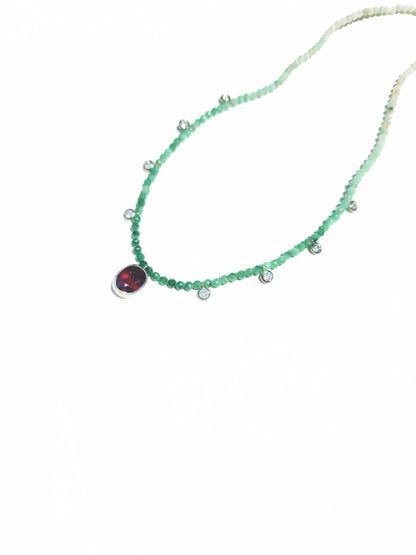 Oval Cut Ruby and Emerald Beaded Necklace