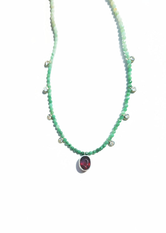 Oval Cut Ruby and Emerald Beaded Necklace