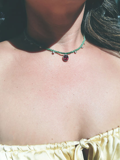 Oval Cut Ruby and Emerald Beaded Necklace