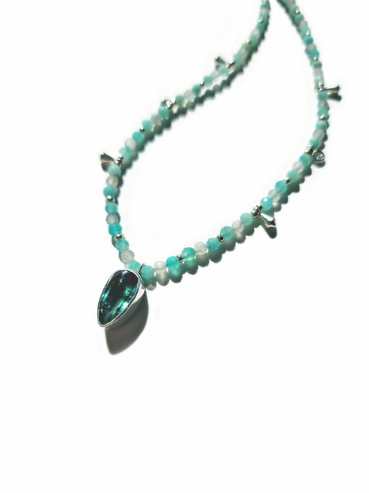 Pear Cut Blue Tourmaline with Amazonite & Labradorite Beaded Necklace