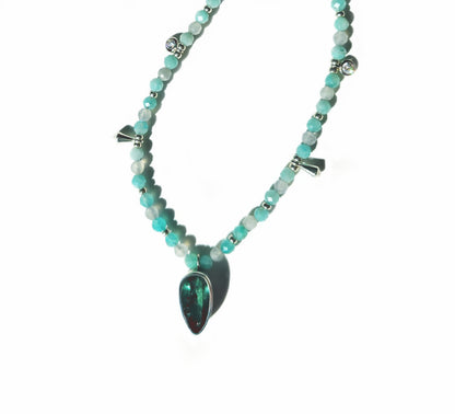Pear Cut Blue Tourmaline with Amazonite & Labradorite Beaded Necklace