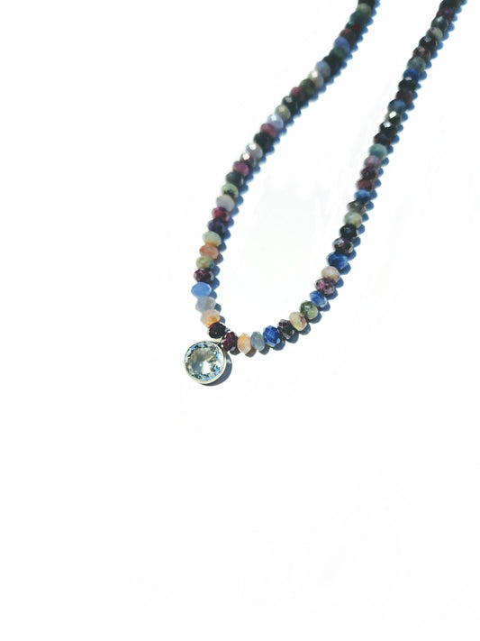 Round Cut Citrine and Sapphire Beaded Necklace