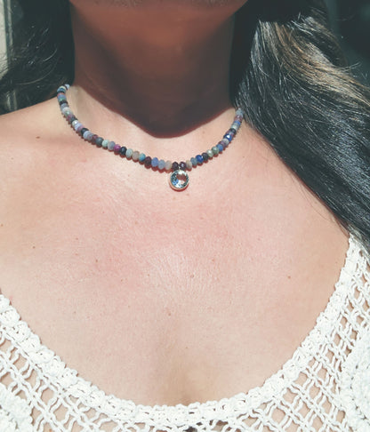Round Cut Citrine and Sapphire Beaded Necklace