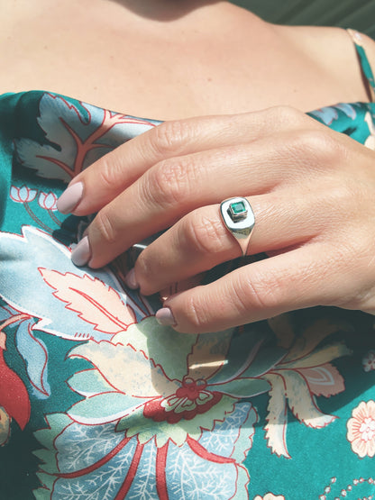 Cushion Cut Emerald Signet Ring