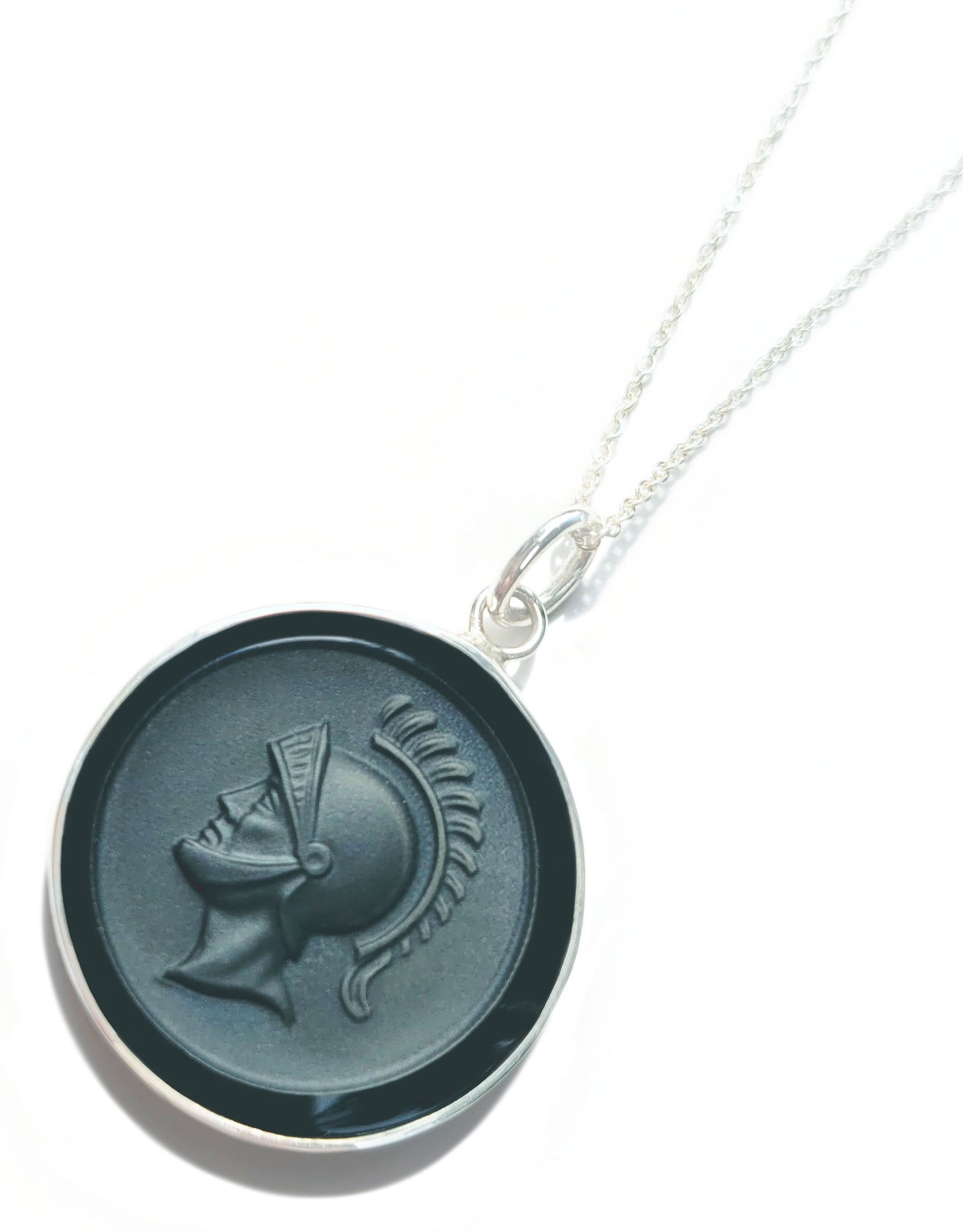 Black Onyx Warrior Cameo Necklace in Sterling Silver