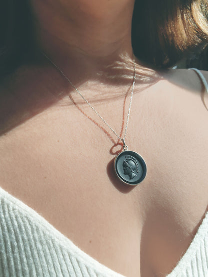 Black Onyx Warrior Cameo Necklace in Sterling Silver